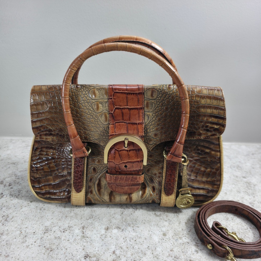 Brahmin Tricolor Collection Brown Croc Embossed Leather Satchel Handbag